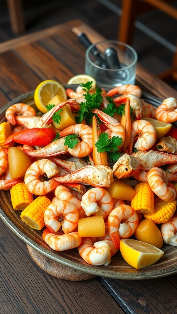 A delicious shrimp and crab boil with shrimp, crab legs, corn, and potatoes on a rustic table.